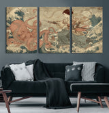 54879547-MGV-CV-36X24-Tsukioka Yoshitoshi Samurai Wall Art Print, Japanese Katana Warrior Canvas Wall Art, Octopus Sea Monster Canvas Print,