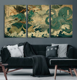 24416422-MGV-CV-36X24-Tsukioka Yoshitoshi Samurai Wall Art Print, Japanese Katana Warrior Canvas Wall Art, Octopus Sea Monster Canvas Print,