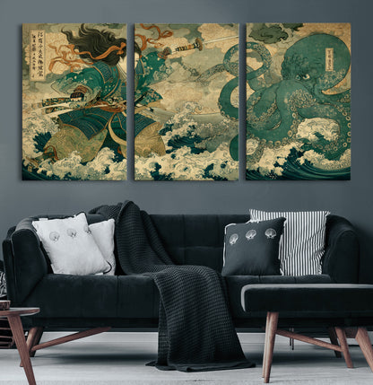 24416422-MGV-CV-36X24-Tsukioka Yoshitoshi Samurai Wall Art Print, Japanese Katana Warrior Canvas Wall Art, Octopus Sea Monster Canvas Print,