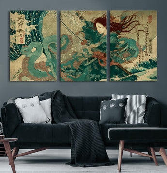 86918027-MGV-CV-60X30-3P-Samurai Warrior vs Octopus Wall Art – Japanese Ukiyo-e Ocean Battle Canvas Print, Traditional Samurai Artwork for Living Room,