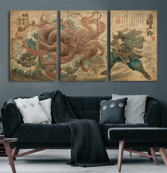 63782167-MGV-CV-36X24-Tsukioka Yoshitoshi Samurai Wall Art Print, Japanese Katana Warrior Canvas Wall Art, Octopus Sea Monster Canvas Print,