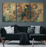 98593115-MGV-CV-36X24-Tsukioka Yoshitoshi Samurai Wall Art Print, Japanese Katana Warrior Canvas Wall Art, Octopus Sea Monster Canvas Print,