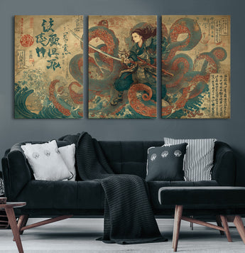 98593115-MGV-CV-36X24-Tsukioka Yoshitoshi Samurai Wall Art Print, Japanese Katana Warrior Canvas Wall Art, Octopus Sea Monster Canvas Print,