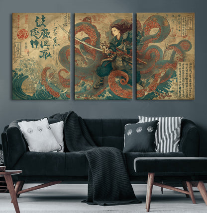 98593115-MGV-CV-60X30-3P-Samurai Warrior vs Octopus Wall Art – Japanese Ukiyo-e Calligraphy Canvas Print, Ocean Battle Scene Artwork for Living Room,