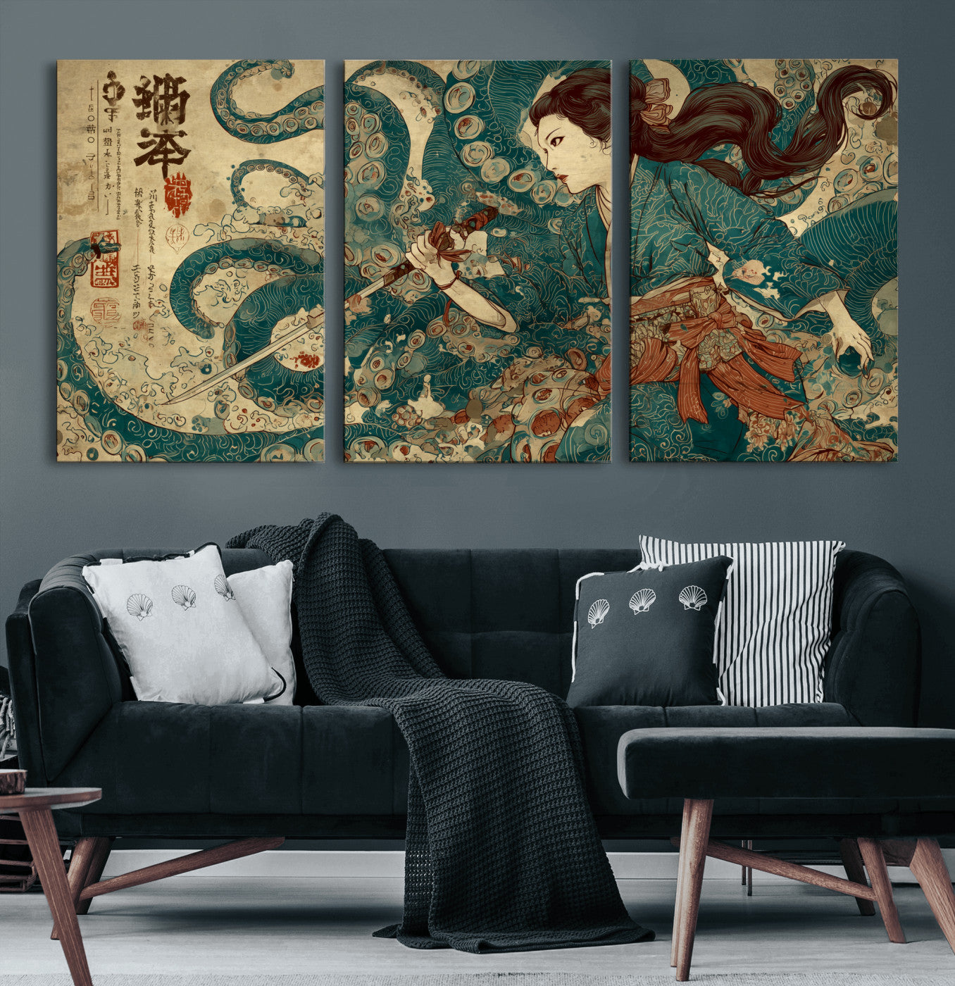18575670-MGV-CV-36X24-Samurai Woman vs Octopus Wall Art – Japanese Ukiyo-e Ocean Battle Canvas Print, Traditional Warrior Artwork for Living Room,