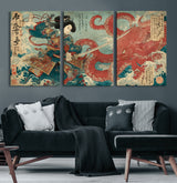 68844327-MGV-CV-36X24-Tsukioka Yoshitoshi Samurai Wall Art Print, Japanese Katana Warrior Canvas Wall Art, Octopus Sea Monster Canvas Print,