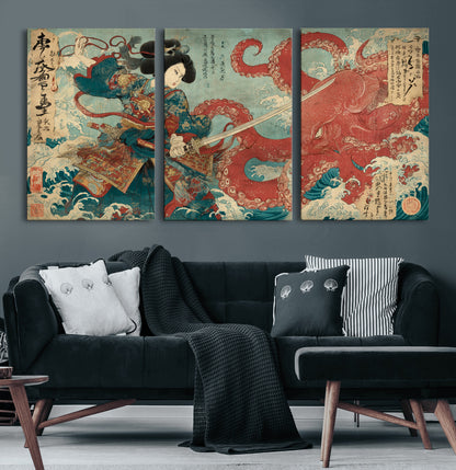 68844327-MGV-CV-36X24-Tsukioka Yoshitoshi Samurai Wall Art Print, Japanese Katana Warrior Canvas Wall Art, Octopus Sea Monster Canvas Print,