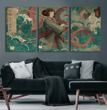 91666601-MGV-CV-60X30-3P-Samurai Woman vs Octopus Wall Art – Japanese Ukiyo-e Green Robe Canvas Print, Ocean Battle Artwork for Living Room, Office, Man
