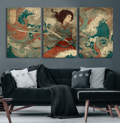 37797255-MGV-CV-36X24-Samurai Woman vs Octopus Wall Art – Japanese Ukiyo-e Red Armor Ocean Battle Canvas Print, Warrior Artwork for Living Room, Office,