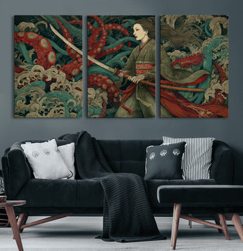 18902796-MGV-CV-60X30-3P-Samurai Woman vs Octopus Wall Art – Japanese Ukiyo-e Green Kimono Canvas Print, Ocean Battle Scene Artwork for Living Room,