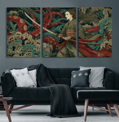 18902796-MGV-CV-60X30-3P-Samurai Woman vs Octopus Wall Art – Japanese Ukiyo-e Green Kimono Canvas Print, Ocean Battle Scene Artwork for Living Room,