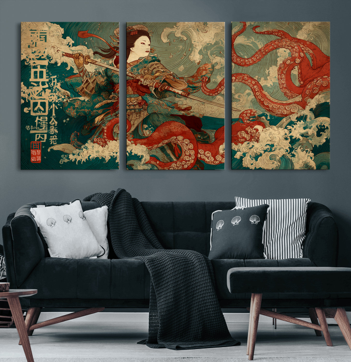 60201267-MGV-CV-60X30-3P-Samurai Woman vs Octopus Wall Art – Japanese Ukiyo-e Armor Canvas Print, Red Tentacle Ocean Battle Artwork for Living Room,