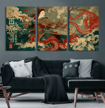 60201267-MGV-CV-60X30-3P-Samurai Woman vs Octopus Wall Art – Japanese Ukiyo-e Armor Canvas Print, Red Tentacle Ocean Battle Artwork for Living Room,