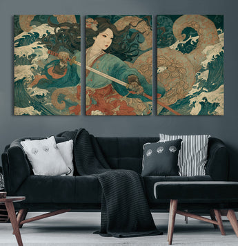 79740258-MGV-CV-60X30-3P-Samurai Woman vs Octopus Wall Art – Japanese Ukiyo-e Blue Kimono Canvas Print, Ocean Battle Artwork for Living Room, Office, Man