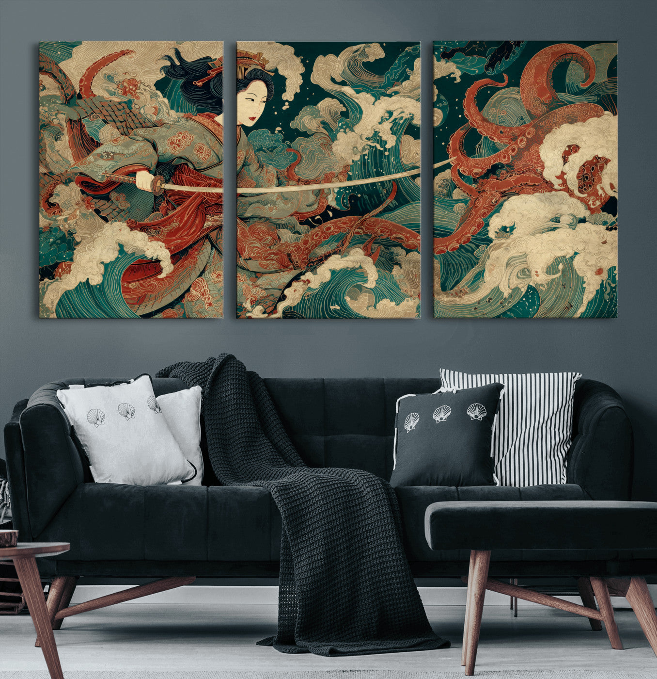 30212982-MGV-CV-60X30-3P-Samurai Woman vs Octopus Wall Art – Japanese Ukiyo-e Style Warrior and Sea Monster Canvas Print, Mythology Inspired Artwork for