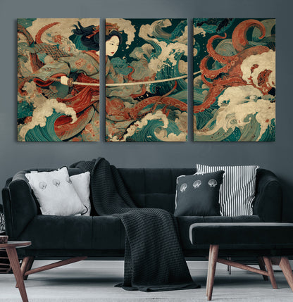 30212982-MGV-CV-60X30-3P-Samurai Woman vs Octopus Wall Art – Japanese Ukiyo-e Style Warrior and Sea Monster Canvas Print, Mythology Inspired Artwork for