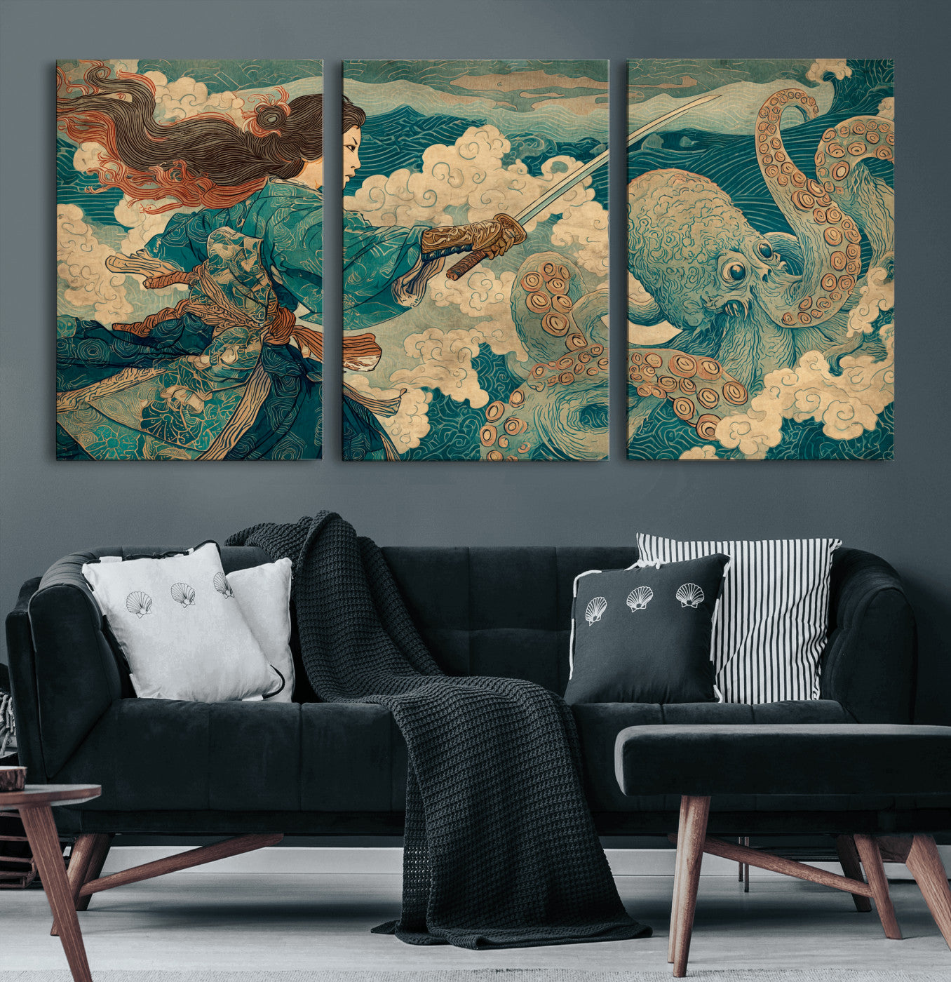 99764195-MGV-CV-60X30-3P-Samurai vs Octopus Wall Art – Japanese Ukiyo-e Style Warrior and Sea Monster Canvas Print, Mythology Inspired Artwork for Living