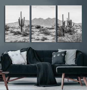 97436PHN-MGV-CV-36X24-Desert Landscape Wall Art – Black and White Cactus and Mountain Canvas Print, Southwestern Nature Photography for Living Room,
