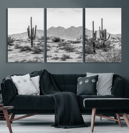 97436PHN-MGV-CV-36X24-Desert Landscape Wall Art – Black and White Cactus and Mountain Canvas Print, Southwestern Nature Photography for Living Room,
