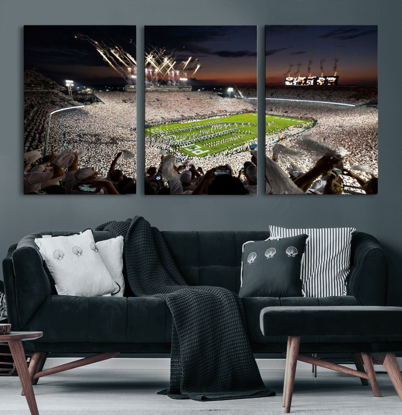 Penn-MGV-CV-60X30-3P-Football Stadium Wall Art – Panoramic Night Game Canvas Print, Packed Crowd with Fireworks, Sports Decor for Office, Man Cave, Bar