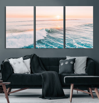 34064591-MGV-CV-36X24-Surfing Wall Art – Sunset Ocean Wave Canvas Print, Surfer Riding Sea Photography Decor for Bedroom, Living Room, Office, Coastal