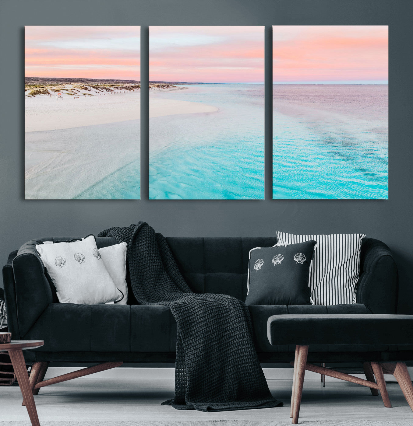 41613614-MGV-CV-60X30-3P-Beach Sunset Wall Art – Pastel Ocean Canvas Print, Turquoise Water and Pink Sky Photography Decor for Bedroom, Living Room, Office