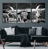 15425553-MGV-CV-60X30-3P-Western Wall Art – Longhorn Cattle Black and White Canvas Print, Rustic Ranch Photography Decor for Bedroom, Living Room, Office,