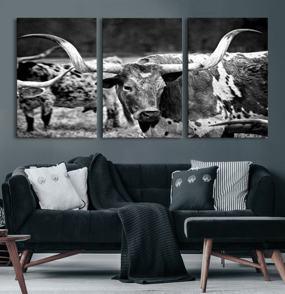 15425553-MGV-CV-60X30-3P-Western Wall Art – Longhorn Cattle Black and White Canvas Print, Rustic Ranch Photography Decor for Bedroom, Living Room, Office,