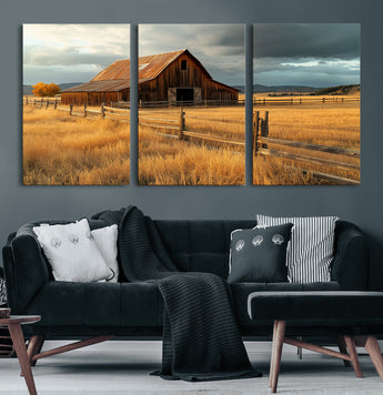 16480179-MGV-CV-60X30-3P-Farmhouse Wall Art – Rustic Barn and Golden Field Canvas Print, Country Landscape Photography Decor for Bedroom, Living Room,