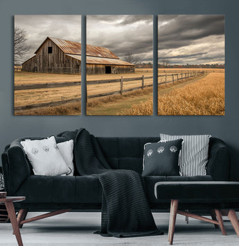 21991117-MGV-CV-36X24-Rustic Barn Wall Art – Weathered Farmhouse Canvas Print, Stormy Sky and Golden Field Photography Decor for Bedroom, Living Room,