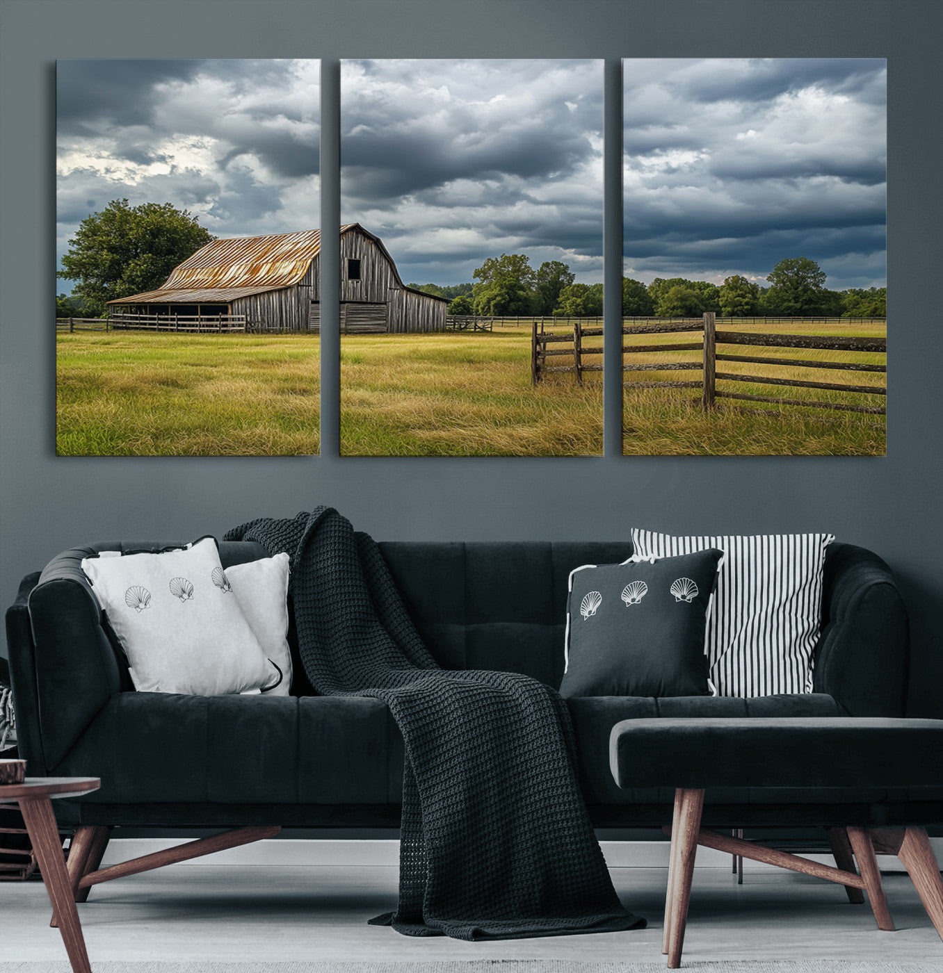 39409517-MGV-CV-60X30-3P-Rustic Barn Wall Art – Weathered Farmhouse and Storm Clouds Canvas Print, Country Landscape Photography Decor for Bedroom, Living