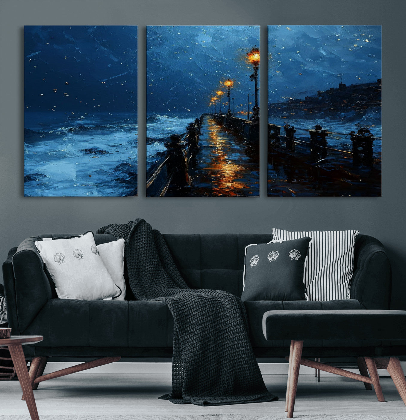 48300530-MGV-CV-60X30-3P-Night Pier Wall Art – Moody Ocean Boardwalk Canvas Print, Impressionist Coastal Seascape Painting Decor for Living Room, Office,