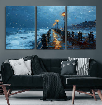 93793246-MGV-CV-60X30-3P-Stormy Night Pier Canvas Wall Art – Moody Ocean Landscape with Lights, Blue Coastal Seascape Print for Bedroom, Living Room,