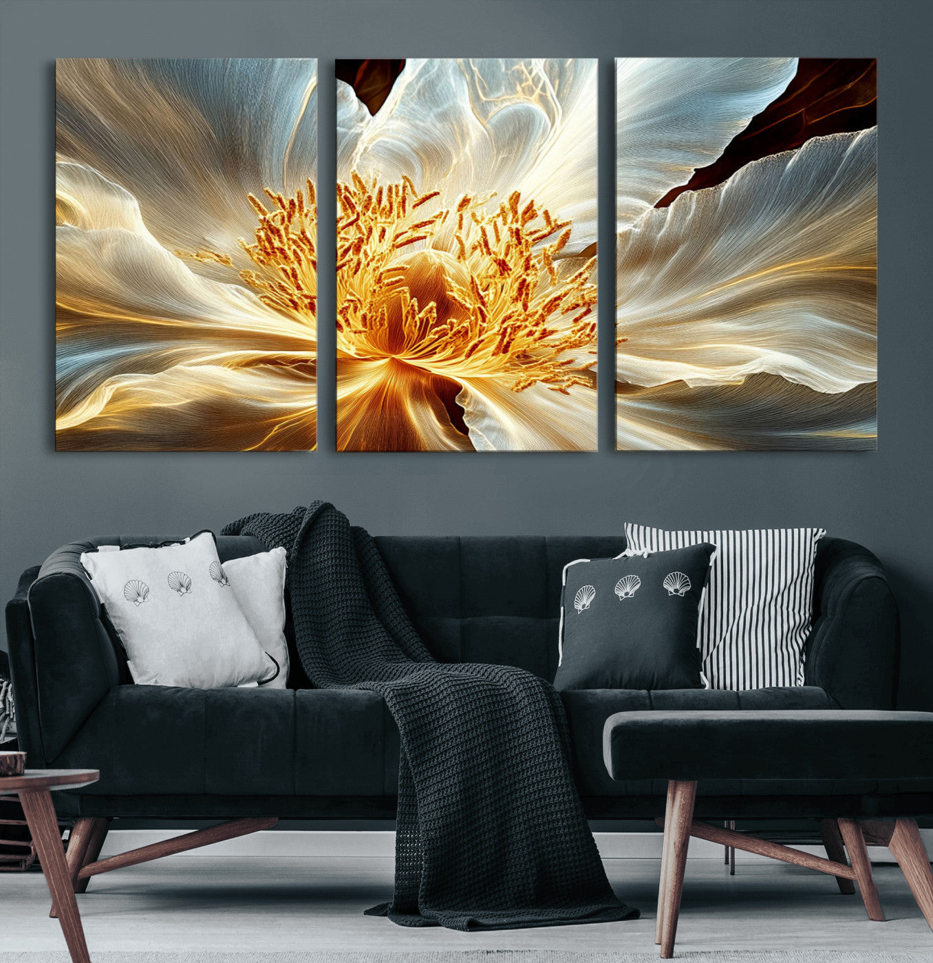 20862576-MGV-CV-60X30-3P-Golden Abstract Flower Canvas Wall Art – Modern Botanical Bloom Print, Elegant Floral Artwork for Living Room, Bedroom, Office