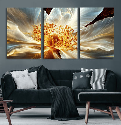 20862576-MGV-CV-60X30-3P-Golden Abstract Flower Canvas Wall Art – Modern Botanical Bloom Print, Elegant Floral Artwork for Living Room, Bedroom, Office