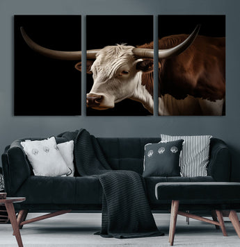 27414857-MGV-CV-36X24-Texas Longhorn Bull Canvas Wall Art – Rustic Western Farmhouse Decor, Brown & White Cow Portrait, Animal Print for Ranch Home