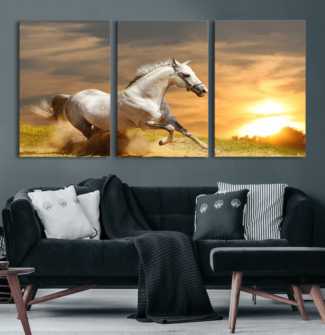 67478480-MGV-CV-60X30-3P-White Horse Running at Sunset Wall Art – Majestic Equestrian Photography Print, Rustic Farmhouse Decor, Golden Sky Horse Lover