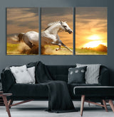 67478480-MGV-CV-60X30-3P-White Horse Running at Sunset Wall Art – Majestic Equestrian Photography Print, Rustic Farmhouse Decor, Golden Sky Horse Lover