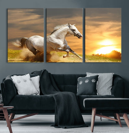 67478480-MGV-CV-60X30-3P-White Horse Running at Sunset Wall Art – Majestic Equestrian Photography Print, Rustic Farmhouse Decor, Golden Sky Horse Lover