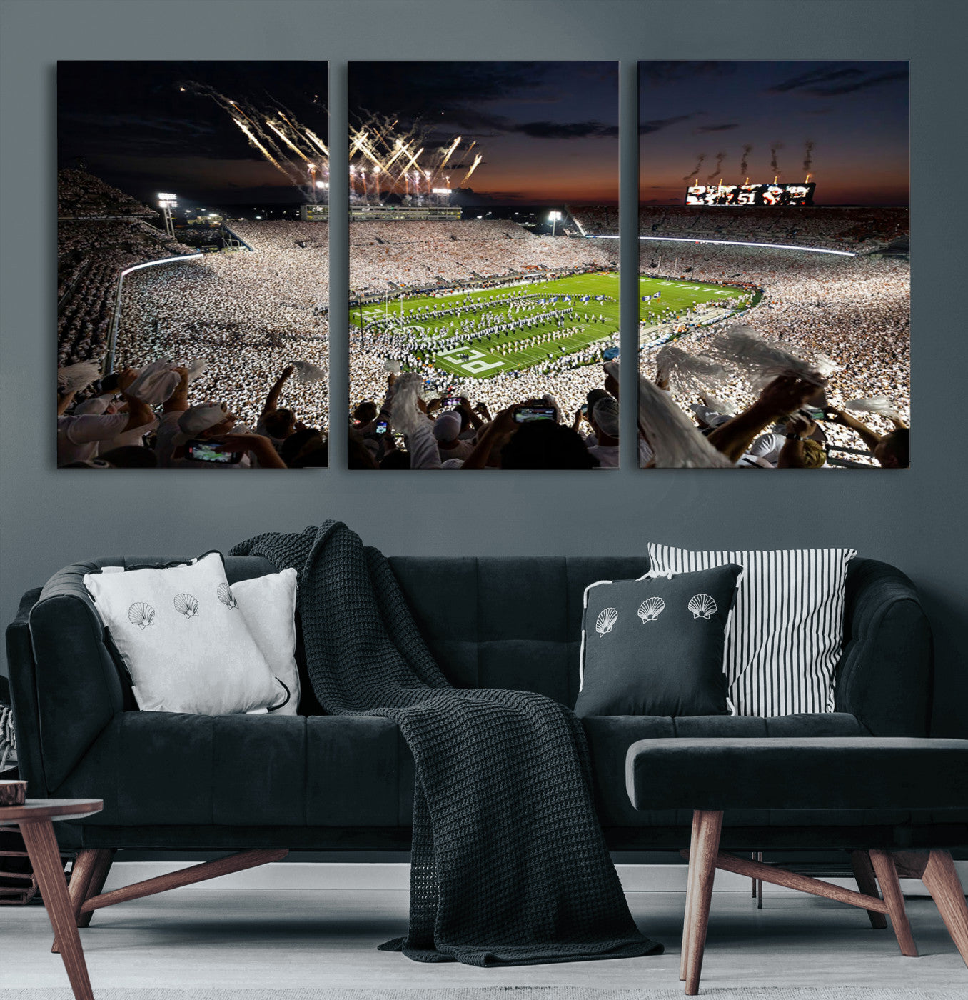 11221988-MGV-CV-36X24-Football Stadium Wall Art – Game Day Crowd with Fireworks, Sports Fan Photography Print, Stadium Decor for Man Cave, Bar, or