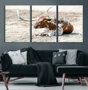 89096667-MGV-CV-60X30-3P-Texas Longhorn Wall Art – Rustic Western Canvas Print, Cattle Photography Decor for Ranch House, Living Room, Office, Man Cave