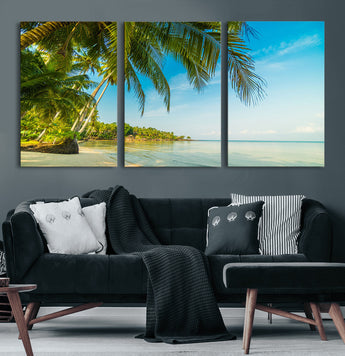 65056721-MGV-CV-60X30-3P-Tropical Beach Wall Art – Palm Tree Coastal Photography Print, Relaxing Ocean Paradise Landscape, Island Seascape Home or Office