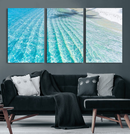17528159-MGV-CV-60X30-3P-Tropical Ocean Wall Art – Turquoise Water Canvas Print, Crystal Clear Beach Waves Photography Coastal Decor for Living Room,