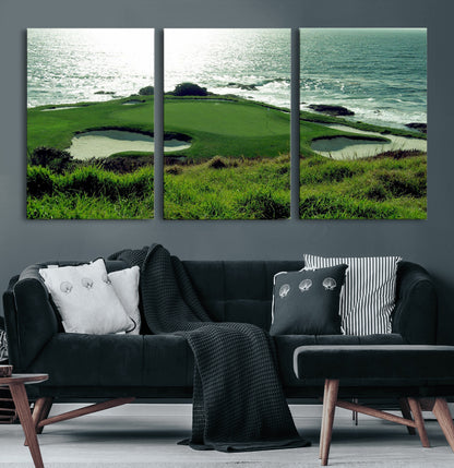 48473947-MGV-CV-36X24-Ocean Golf Course Wall Art – Panoramic Green Fairway Canvas Print, Coastal Golf Landscape Photography Sports Decor for Office, Man