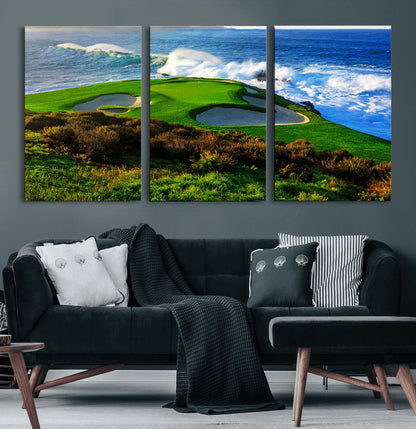34181847-MGV-CV-60X30-3P-Coastal Golf Course Wall Art – Panoramic Ocean Fairway Canvas Print, Scenic Sports Photography Decor for Office, Man Cave, Living