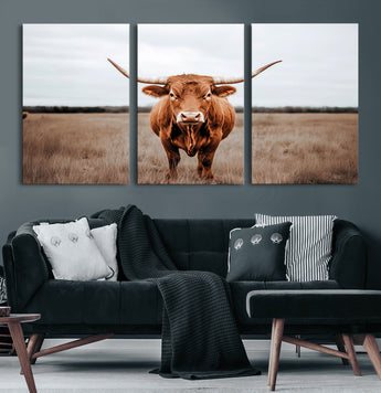 16316734-MGV-CV-60X30-3P-Texas Longhorn Wall Art – Rustic Bull Portrait Canvas Print, Western Farmhouse Animal Photography Decor for Living Room, Office,
