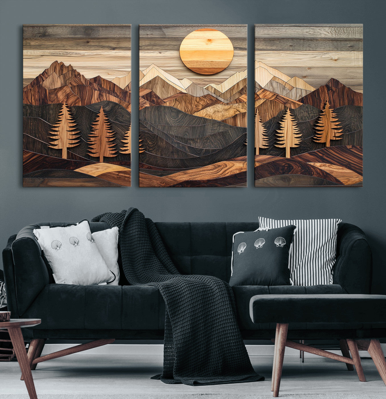 90044381-MGV-CV-60X30-3P-Rustic Wall Art – Wooden Mountain Landscape with Sun and Pine Trees, Handcrafted Nature Canvas Style Decor for Bedroom, Living
