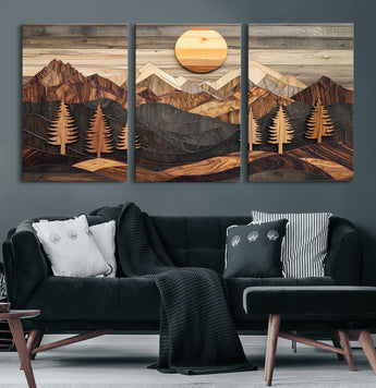 90044381-MGV-CV-60X30-3P-Rustic Wall Art – Wooden Mountain Landscape with Sun and Pine Trees, Handcrafted Nature Canvas Style Decor for Bedroom, Living