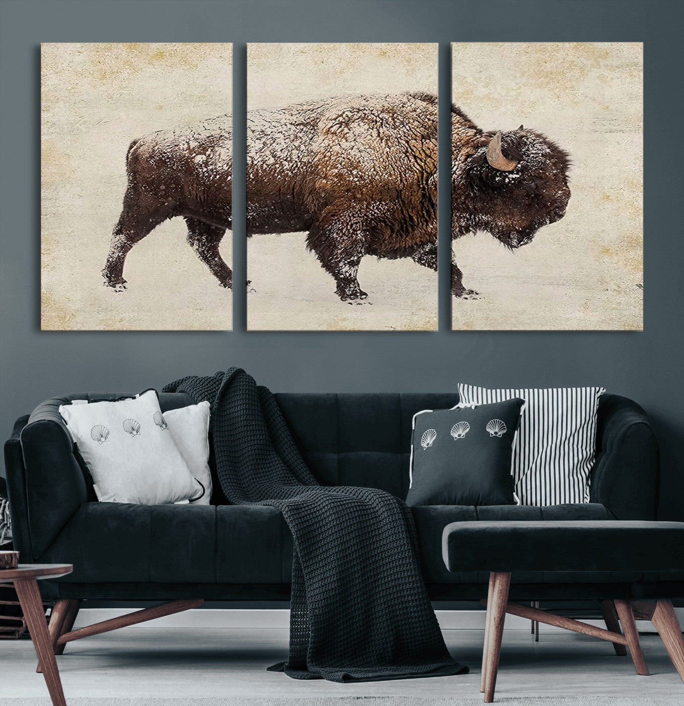 54810031-MGV-CV-60X30-3P-Western Wall Art – Snow Covered Bison Canvas Print, Rustic Wildlife Photography Decor for Bedroom, Living Room, Office, Lodge,