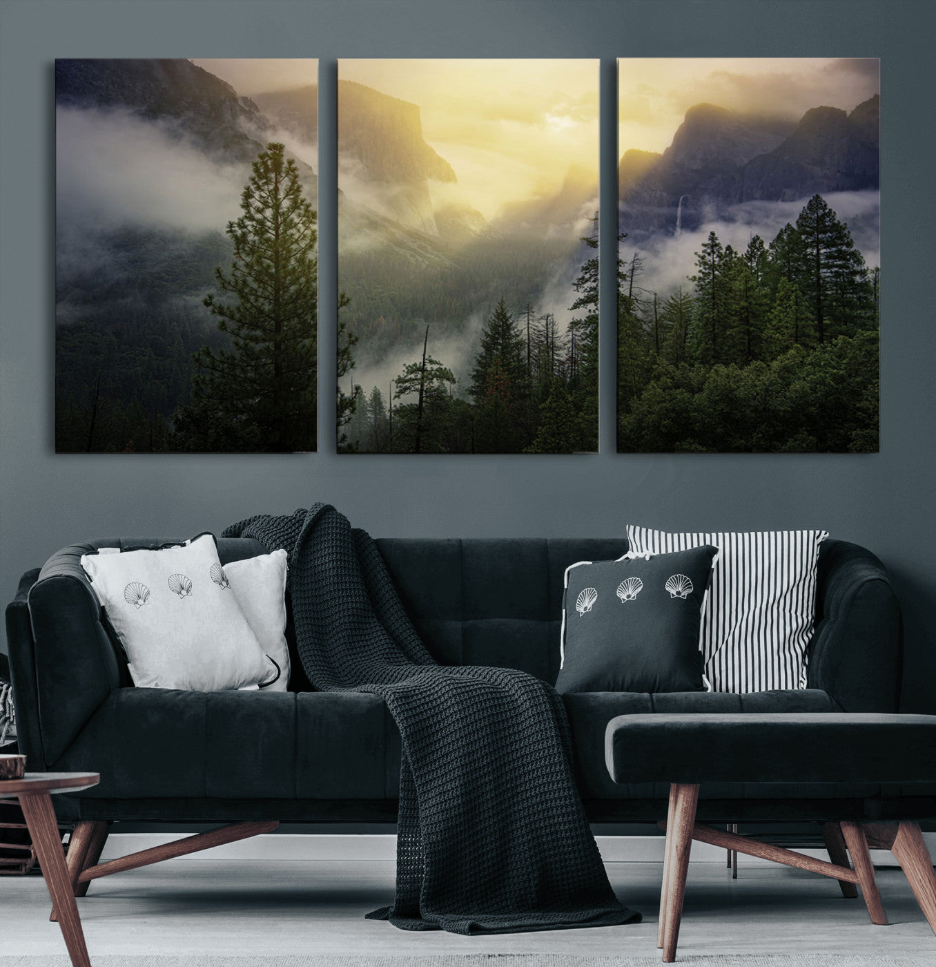 38316884-MGV-CV-60X30-3P-Landscape Wall Art – Misty Mountain Valley Canvas Print, Scenic Pine Forest and Sunrise Photography Decor for Bedroom, Living